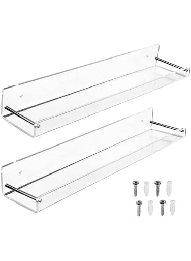 NALACAL 2 Pack Acrylic Floating Shelves, 15" L x 3.25" W, Clear Bathroom Wall Shelf Bookshelves, Invisible Display for Office Bedroom Small Gap Allows Water to Escape Free Screws Drill Bit (Medium)