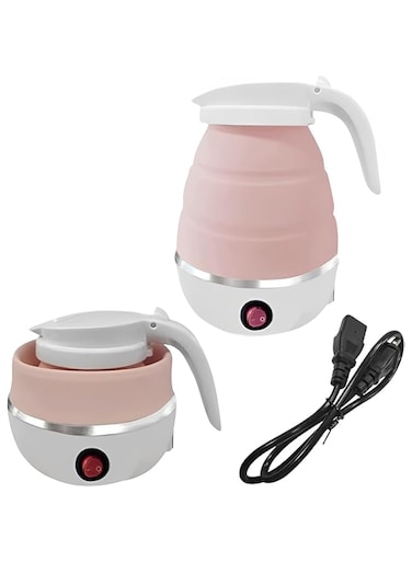 ELTERAZONE Foldable Portable Electric Kettle, Travel Folding Fast Boiling Small Electric Kettle Food Grade Silicone 110V-220V 600ML for Travel &amp; Camping and Home &amp; Office Use (Pink)
