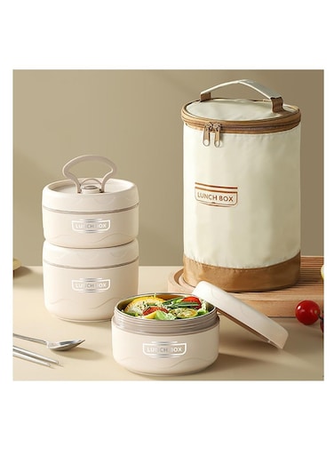 Stainless Steel Lunch Box Leakproof Bento Box Insulated Lunch Container with Tableware &amp; Insulation Bag for Kids Adults School and Office Hot Water and Microwave Heating (3pcs, Beige)
