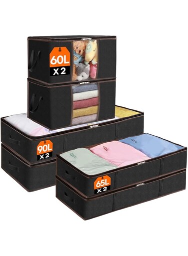 Lifewit 6 Pack Large Under Bed Storage, Underbed Storage Bags with 4 Handles, Foldable Underbed Storage Containers for Comforters, Blankets, Bedding, Sturdy Zipper, Clear Window, Black