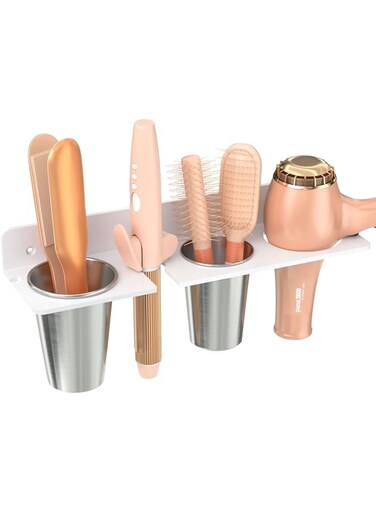 HIIMIEI Acrylic Hot Tool Holder, Wall Mount, White, 2 Cups, Bathroom Storage for Flat Iron, Blow Dryer, Curling Wand, Hair Straighteners, Brush