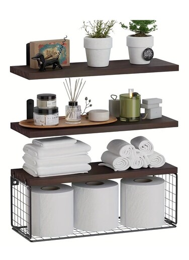 Floating Shelves for Wall - Set of 3 Hanging Wood Shelf Rustic Wooden Shelves with Metal Brackets Hanging Shelf Wall Organizers for HomebStorage Rack Wall Mount Brown