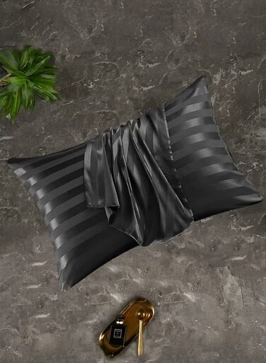 Silky Pillowcase 2 Pack, 51x76 CM Silky Satin Pillowcase for Hair and Skin, Cooling Satin Pillow Cases Set of 2 with Envelope Closure - Black Striped