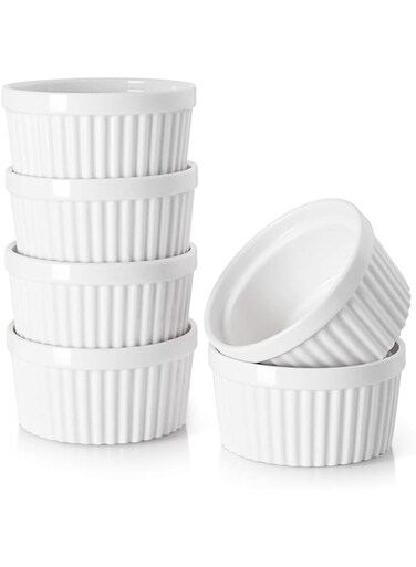 DOWAN Ramekins 6 oz Oven Safe - 6 oz Ramekins for Creme Brulee Souffle, Porcelain Ramekins for Baking, Classic Style Ramekins Bowls, Set of 6, White