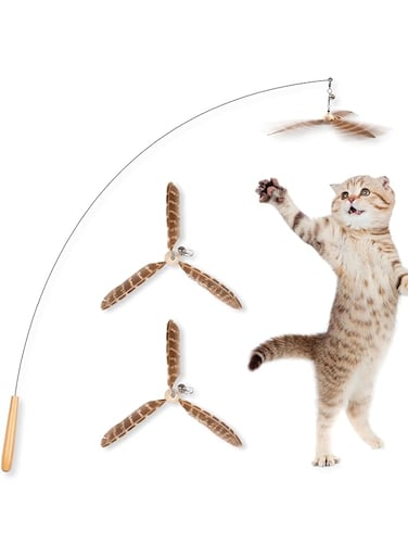 JXFUKAL Cat Wand Toys, Interactive Cat Toys with 3 Feather Refills, 29'' Flexible Steel Wire, Sturdy Wood Handle &amp; Bell for Kitty Kitten, Cat Toys for Indoor Cats Cat Teaser Cat String Toy
