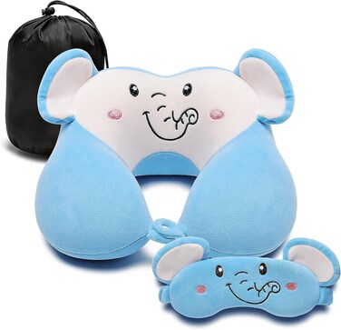 Pillow for Kids and Adults, Cute Animal Memory Foam Neck Pillow with Soft Fleece Cover and Eye Mask Set, Airplane Pillow Travel Kit with Drawstring Organizer Bag, Machine Washable (Elephant)