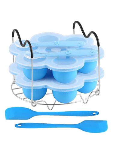THE WHITE SHOP Silicone Egg Bites Molds and Steamer Rack Trivet Handles Fit Instant Pot Accessories, 7pcs set for Electric Pressure Cooker With 2 Spoons and Silicone spatula(Size:Blue)