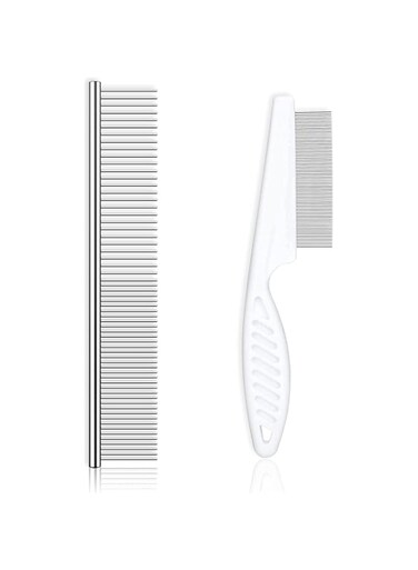 ELECDON Dog Combs Cat Comb for Grooming with Rounded Ends Stainless, Flea Comb for Pets, 2 Pack Long and Short Haired Dog and Cat Professional Grooming Pet Tick Combs for Removing Tangle and Knots