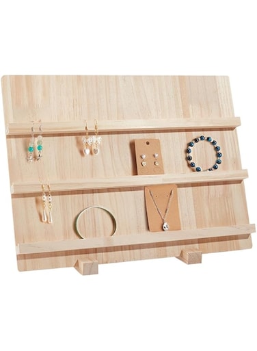 Wood Earring Display Stands, 3 Layers Jewelry Earring Display Holder, Wood Earring Card Holder, Photos Business Card Holder Display with Base Stand for Home Office Retail Store, 40x14.1x30cm
