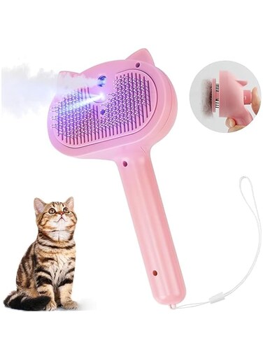 Twinkle Beauty Cat Grooming Brush, 4 in 1 Steamy Hair Comb with Release Button, Self Cleaning, Long Handle, for Shedding Cats and Dogs