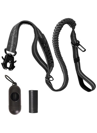 Duomama Shock Absorbing Bungee Dog Leash with Dual Handles &ndash; Heavy Duty Tactical Leash for Medium to X-Large Dogs &ndash; Includes Poop Bag Holder &ndash; Secure Walks for Large Breeds - Black