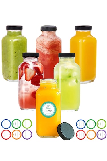 Juice Bottles 12oz, 6 Pack Reusable Glass Water Bottles with Labels and Lids, BPA Free Homemade Beverages Bottle