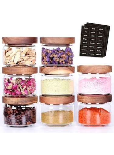 Tzerotone 8 Pcs Spice Containers - 8.5oz Glass Spice Jars With Acacia Airtight Lid and Labels - Stackable Empty Round Spice Bottles for kitchen Seasoning, coffee bean, tea, suger, herbs