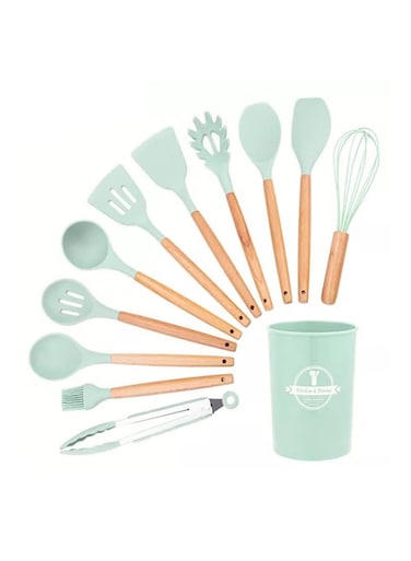 11-Piece Silicone Cooking Utensil Set With Holder Mint Green 12X12X33cm