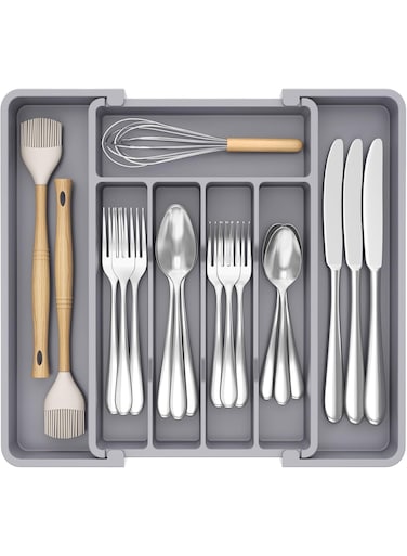 Expandable Drawer Utensil Organizer   Kitchen Extendable Cutlery Tray (BPA-Free Plastic)   Adjustable Knife Fork Spoon Divider Storage Box, Utensil Drawer Insert For Kitchenware Organization   Grey, 33.5x37.5cm