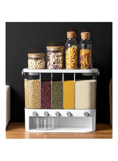 Dubai Gallery 6 Grids Dry Food Dispenser Wall Mounted Separate Rice Bucket Cereal Dispenser Moisture Proof Automatic Racks Food Storage Box