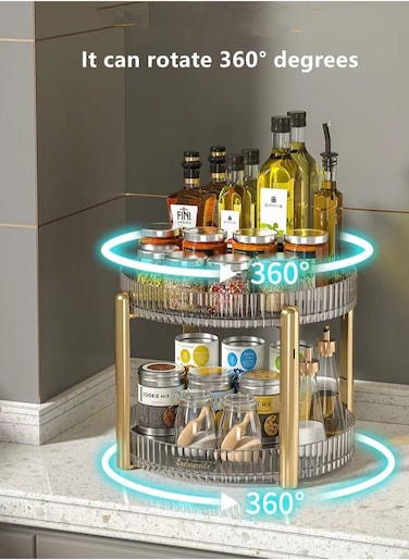 1-Piece Multifunctional Double-Layer 360&deg; Rotating Desktop Storage Rack/Kitchen Relish Storage Rack/Desktop Shelving/Snack Storage Rack PET Material Transparent Clear/Golden 28 x 22 Centimeter