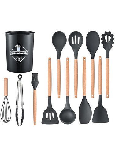 AWH ICVKRJ 12 Pcs Silicone Cooking Utensils Kitchen Utensil Set - 446&deg;F Heat Resistant,Turner Tongs, Spatula, Spoon, Brush, Whisk, Wooden Handle Black Kitchen Gadgets with Holder for Nonstick Cookware