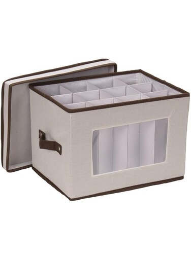 Household Essentials Natural 544 Stemware Storage Box With Lid And Handles   Champagne Glasses Canvas Brown Trim