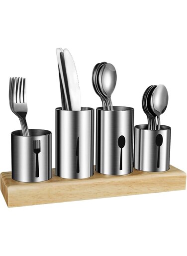 Skade Silverware Holder, Utensil Holder With Caddy Silverware Container For Spoons, Knives,Forks Silverware Display Organizer Kitchen Dinner Table, Stainless Steel With Bamboo Wood Base