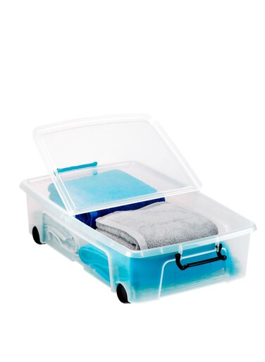 Made in UK, Plastic Underbed Storage Box with Wheels, Storage box with Lid and Handle, 35 liters- 69.5 L X 45.5 W X 18 H cm, STR-XW696-CLR/CLR-EX