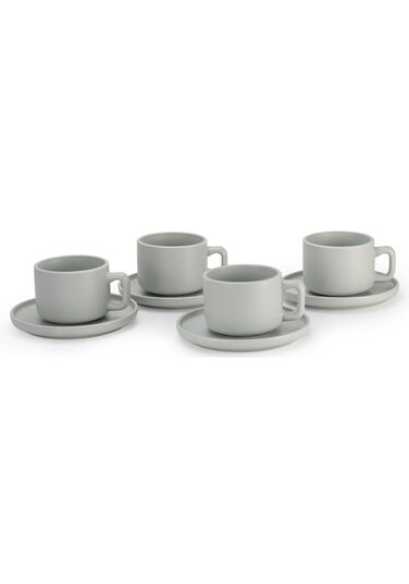 Stoneware OSLO 8-Piece Tea Cup &amp; Saucer Set-250ml - Serves 4, Includes 4 x 250ml Tea Cups, 4 x Matching Saucers, Elegant Green Nordic Style Ceramic Crockery