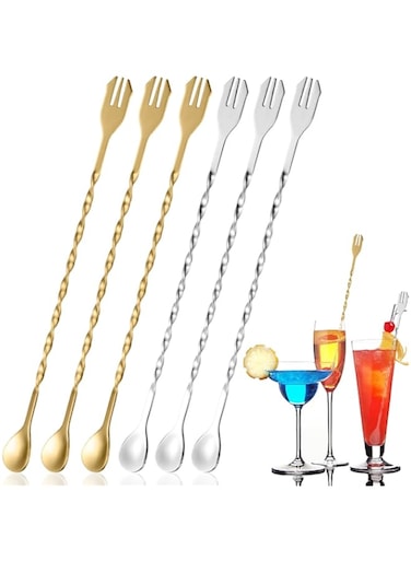 DanziX 10 Inch Bar Mixing Spoon Cocktail Spoon,6 Pcs Stainless Steel Bar Long Handle Spoon With Spiral Pattern(Silver,Gold)