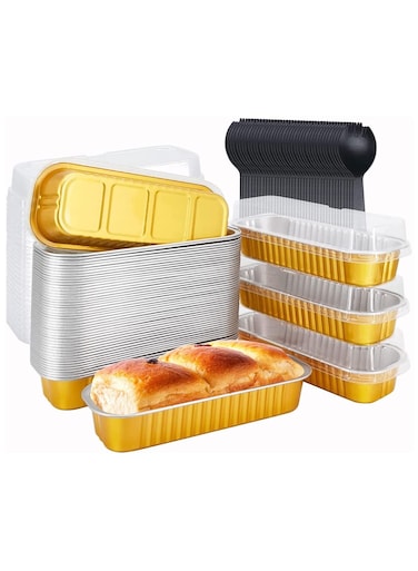 seven Convenient 50-Pack Mini Loaf Pans with Lids &amp; Spoons - Aluminum Foil Baking Containers for Cupcakes, Cheesecakes, and More - 200ml Rectangle Tins for Delectable Treats! &iuml;&frac14;&circ;Gold&iuml;&frac14;&permil;