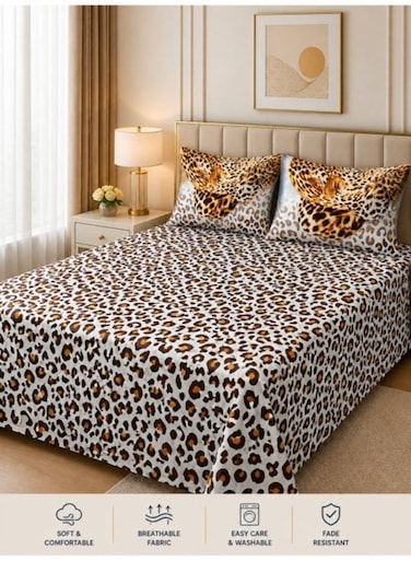 Queen Size Double Bedsheet Set 220x220cm Leopard Printed Design with 2 Pillow Covers Soft 125 GSM Fabric Durable &amp; Fade Resistant Comfortable Bedding Set