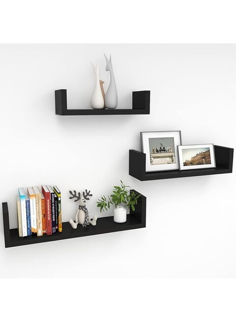 INHABIT UNION U-Shaped Black Floating Shelves for Wall, Wall Shelves Set of 3, Small Wall Mounted Shelf for Bedroom, Kitchen, Bathroom and Living Room Decoration Storage