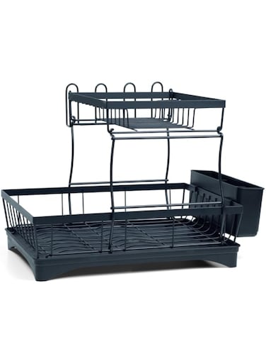 BERAM Dish Drying Kitchen Rack, Stainless Steel 2 Tier Stand, Counter Organization with Drainboard, Utensil Holder, Rust-Resistant, Black