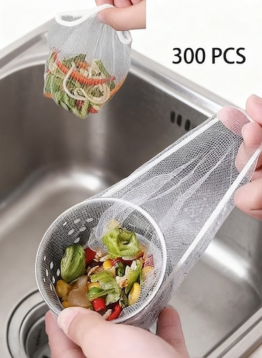 D 300 PCS Disposable Mesh Sink Strainer Bags, Kitchen Sink Strainer Trash Bag Sink Strainer Filter Mesh Bag Anti-Clogging Elastic Filter Bags Sink Net Strainer Filter Bags for Sink Drain