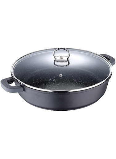 Bergner Classic Novum Shallow Pot With Lid 28X7.5Cm, Aluminum, Induction Bottom, Marble+ Non-Stick Coating, Black