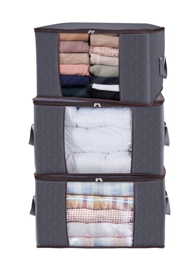 Home Care 3 Pc Clothes Storage, Foldable Blanket Storage Bags, Storage Containers for Organizing Bedroom, Closet, Clothing, Comforter, Organization and Storage with Lids and Handle, (Grey)