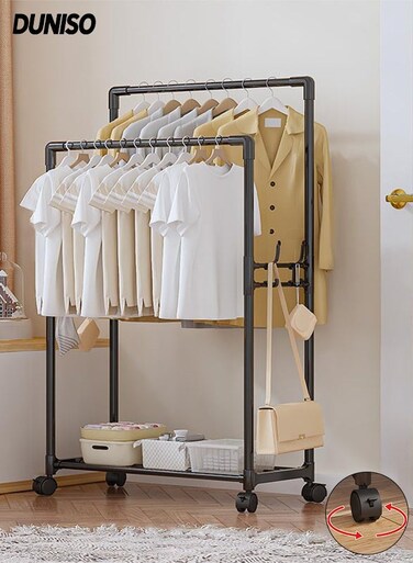 Double Rods Clothes Rack with Roller, Metal Garment Rack with Shoe rack and Hooks, Multipurpose Clothes Hanger Organizer,Suitable for Bedrooms, Balconies and Living room (Black)