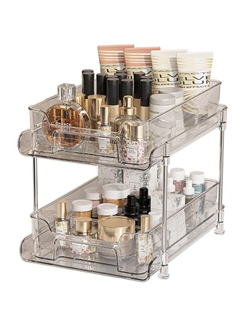 2 Tier Bathroom Storage Organizer with Dividers, Clear Under Sink Organizers and Storage, Multi-Purpose Pull Out Cabinet Organizer for Kitchen Bathroom Pantry Storage Bins, Medicine Cabinet Organizer