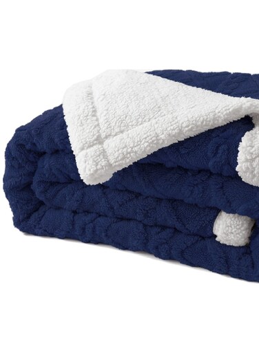 Winter Dual Layer Thick Blanket Single 160x220cm Reversible Warm Sherpa Faux Fur Blanket Flannel Fleece Throw Blanket Navy Blue