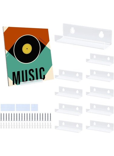 10Pcs Vinyl Record Wall Mount, Record Rack Set Holder With Screws, Acrylic Lp Wall Mount For Records, Photo Albums And Collectibles (Transparent)
