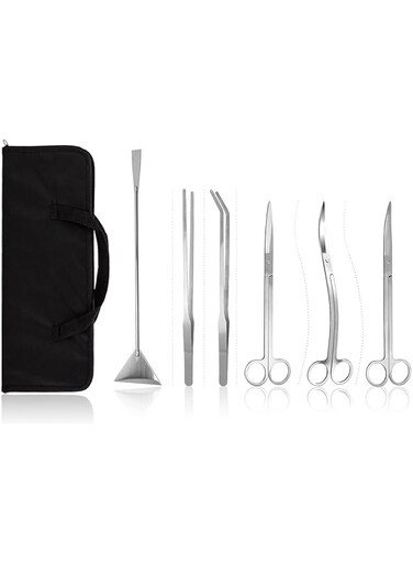 Bornfeel Aquascaping Tools 7 in 1 Kit Aquarium Scissors Plant Tools Curved &amp; Waved Scissor Tweezers Spatula Stainless Steel Anti Rust Aquascape Tools for Fish Tank