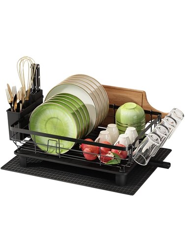 Dish Drainer Rack, Stainless Steel Dish Rack, Draining Board Rack with Swivel Drainage Spout, Dish Drying Rack with Utensil Holder, Cup Holder and Drying Mat, Black