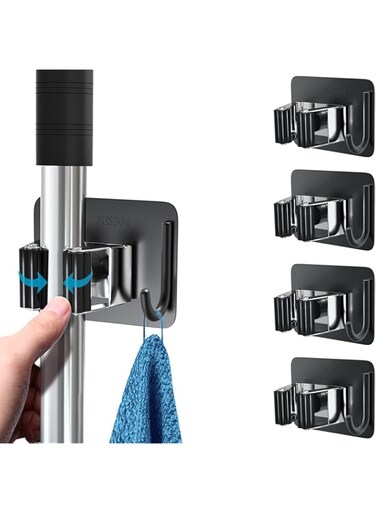 Arabest Mop Broom Holder No Drill SUS304 Stainless Steel, Mop Broom Organizer Wall Mounted Heavy Duty with Hooks Hanger, Self Adhesive Stainless Steel 4Pcs for Bathroom,Kitchen,Office (Black)