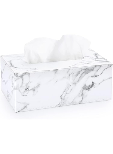 Sumnacon Rectangular Leather Tissue Box Cover - Stylish Tissue Box Holder with Magnetic Bottom, Decorative PU Tissue Box for Vanity Dresser Night Stand Table Countertop Home Office Car, Marble White