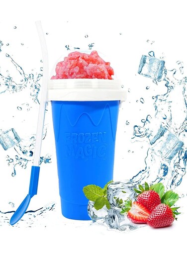 Maker Cup Magic Quick Frozen Smoothies Cup Portable Silica Freeze Mug Ice Cream Maker with Dome Lids Spoon (400ml Blue)