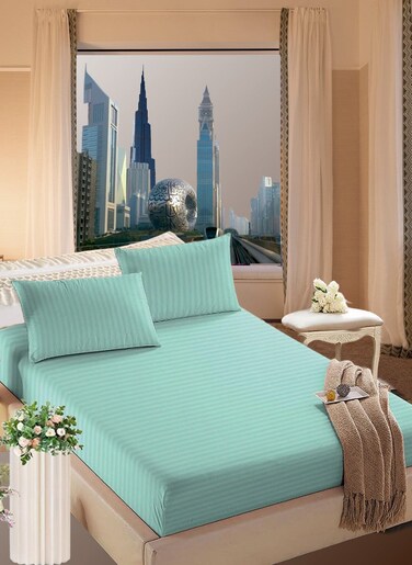 Sky Blue Striped Design Bed Sheet Set Deep Pocket Machine Washable 180x200+25cm