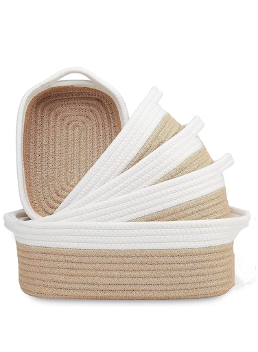cotton rope woven storage basket five-piece set, White and brown: 30*22*11cm, 28*20*10cm, 26*18*9cm, 23*16*8cm, 20*14*7cm