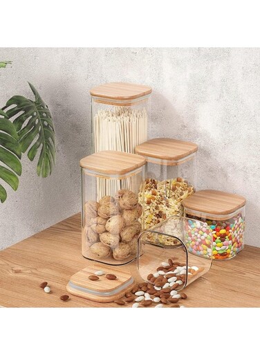 Square Boro Glass Storage Jars With Bamboo Lids Airtight Glass Jars Clear Food Storage Container Jar- Food Kitchen Canisters Sets For Spaghetti Snack Cereal Storage Wy060-2