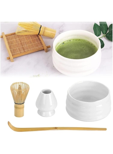 4-Piece Japanese Style Traditional Handmade Matcha Tea Whisk and Glass Bowl Tool Gift Kit