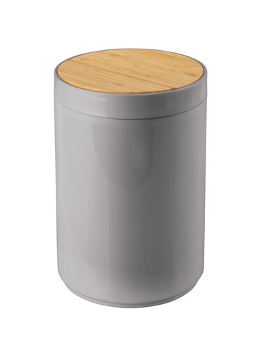 mDesign Plastic Round Trash Can Small Wastebasket - Garbage Bin Container with Swing-Close Lid - Bathroom Garbage Basket - Holds Waste, Recycling - 1.3 Gallon - Basa Collection - Gray/Natural