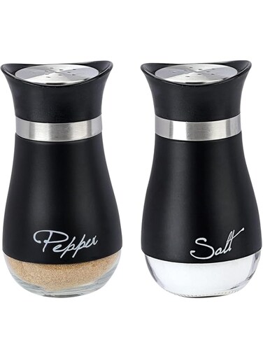 Tufexigo Salt and Pepper Shakers Set,4 oz Glass Bottom Salt Pepper Shaker with Stainless Steel Lid for Kitchen Gadgets Cooking Table, RV, Camp,BBQ Refillable Design (Black)