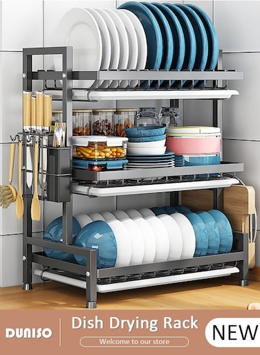 3 Ties Heavy Duty Dish Drying Rack, Dish Racks for Kitchen Counter, Space Saving Dish Rack for with Utensil Holder Large Antibacterial Kitchen Countertop